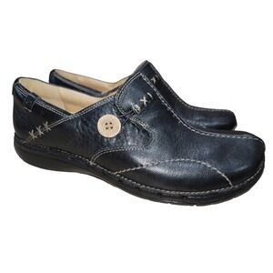 Clarks Unstructured Unloop Women's Black Leather Slip On Clogs Loafers Shoes 8M
